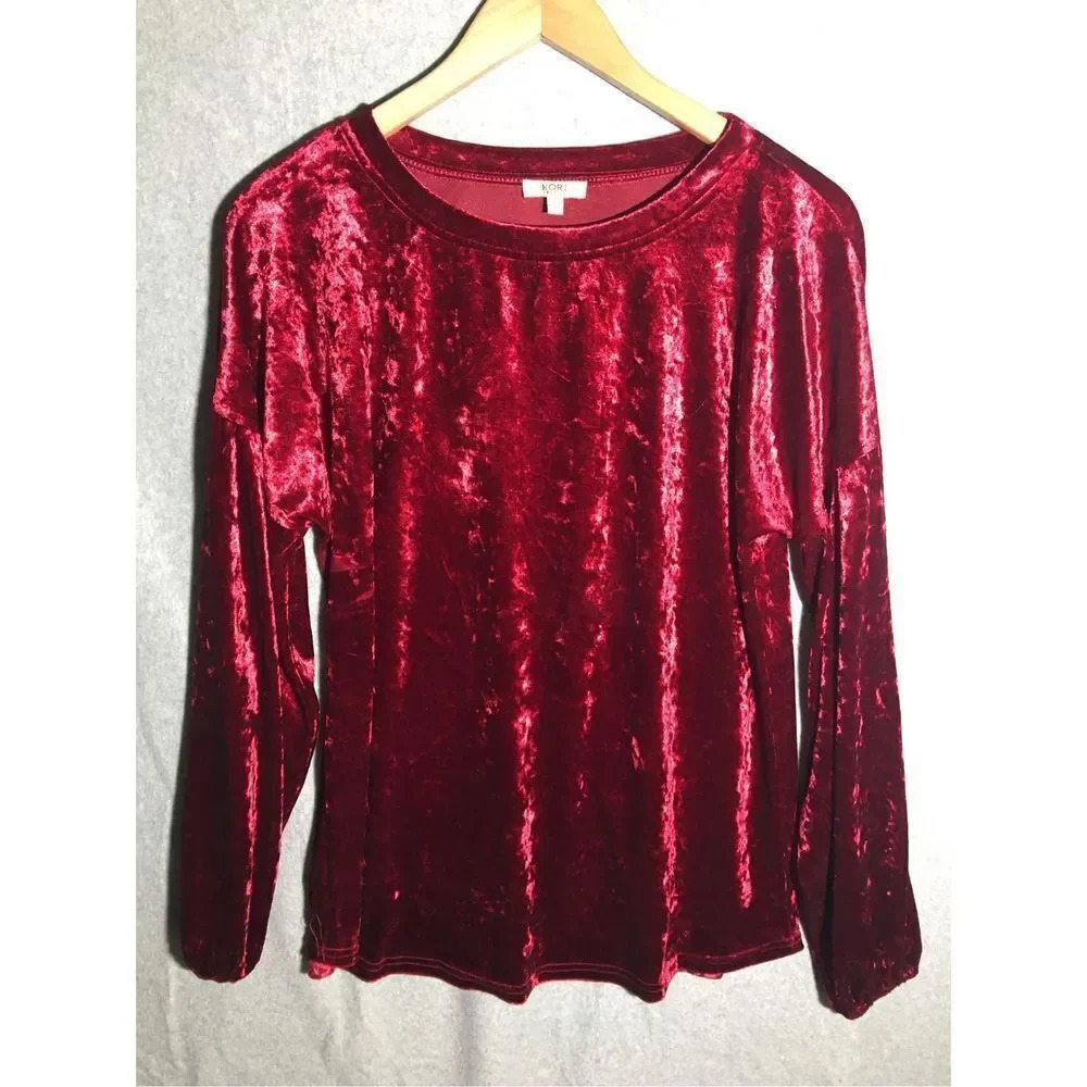 Womens Kori America Shirt Crushed Velvet Red Sweater Christmas Holiday Pretty